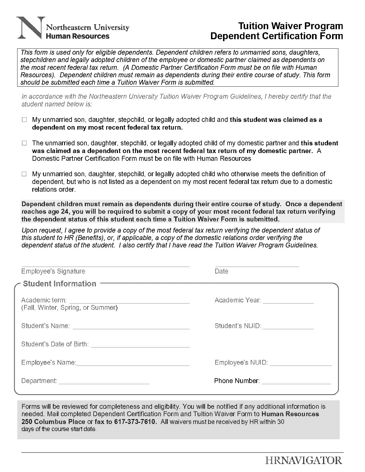 northeastern fee waiver mailing